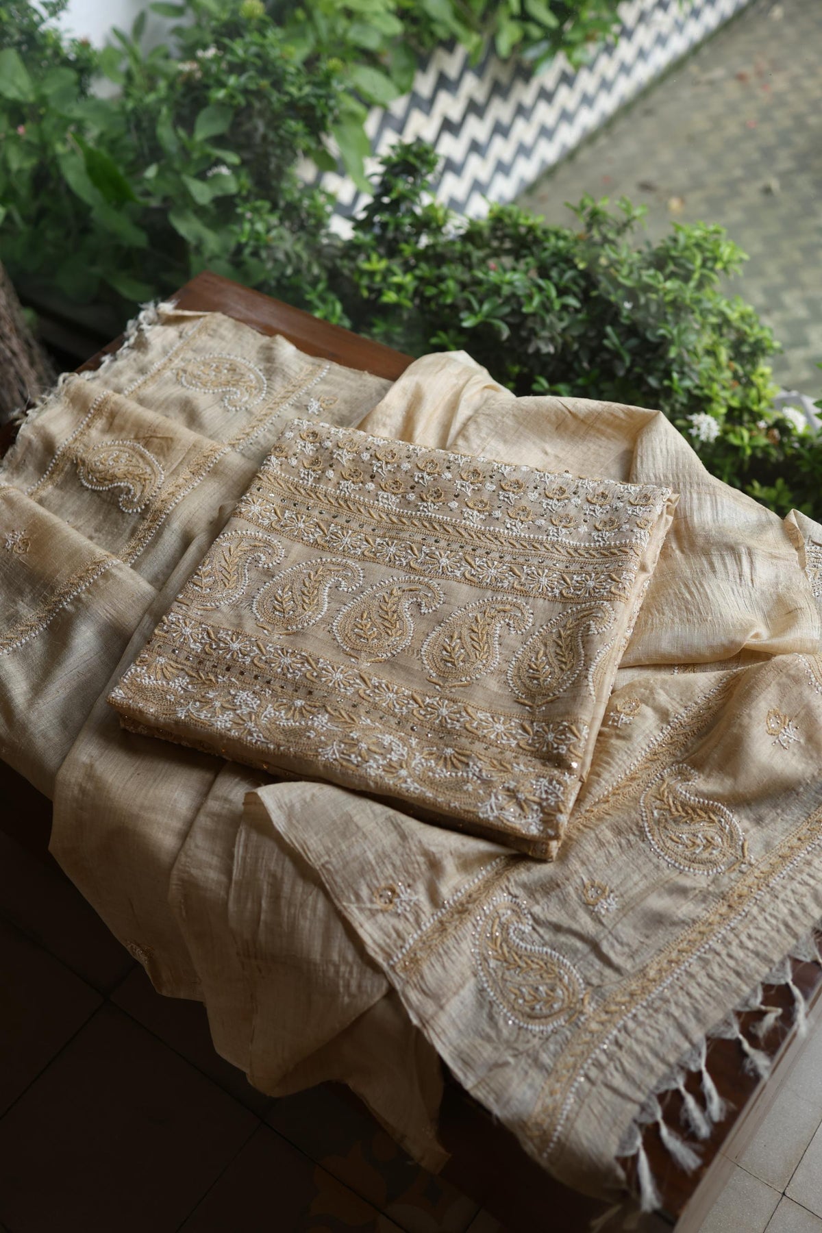 Natural Colour Tussar Silk Mukaish Kamdani Unstitched Kurta Dupatta
