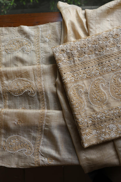 Natural Colour Tussar Silk Mukaish Kamdani Unstitched Kurta Dupatta