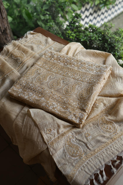 Natural Colour Tussar Silk Mukaish Kamdani Unstitched Kurta Dupatta