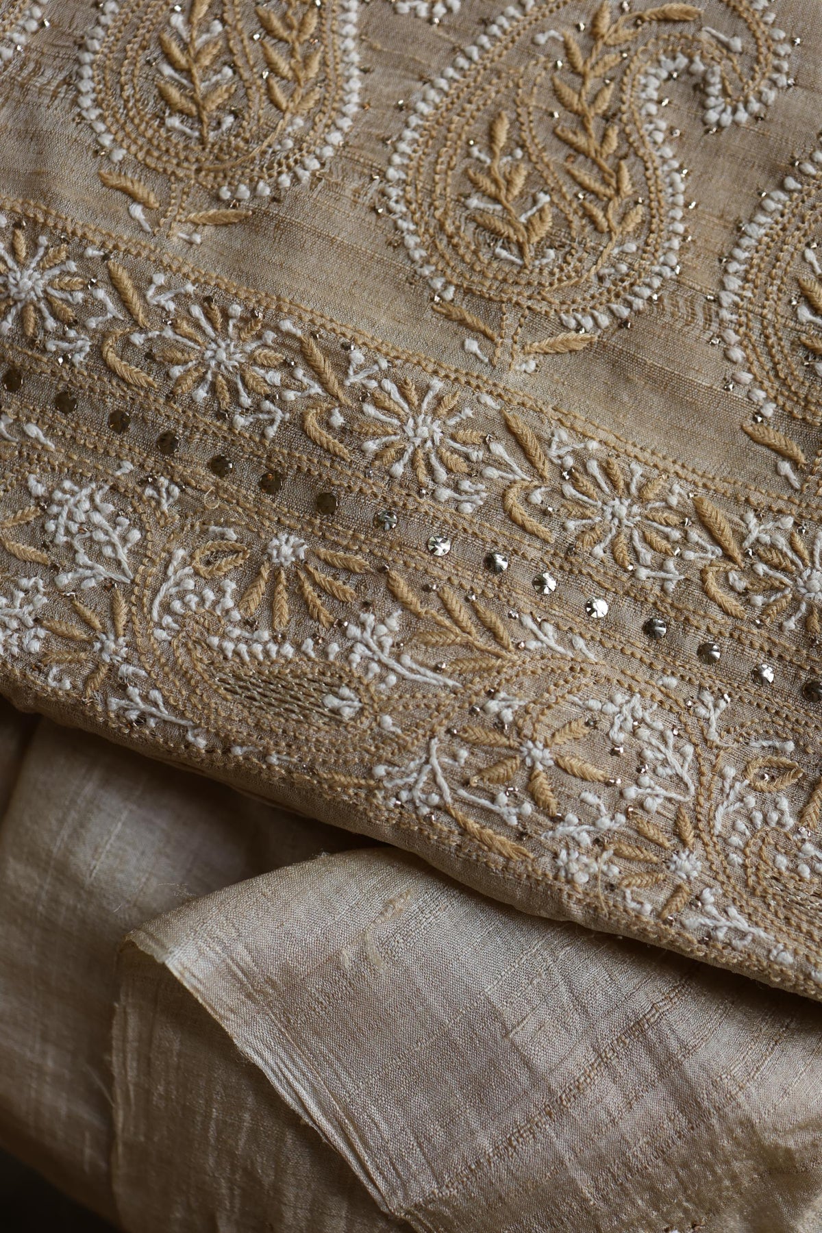 Natural Colour Tussar Silk Mukaish Kamdani Unstitched Kurta Dupatta