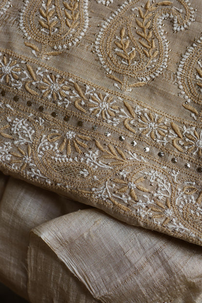 Natural Colour Tussar Silk Mukaish Kamdani Unstitched Kurta Dupatta