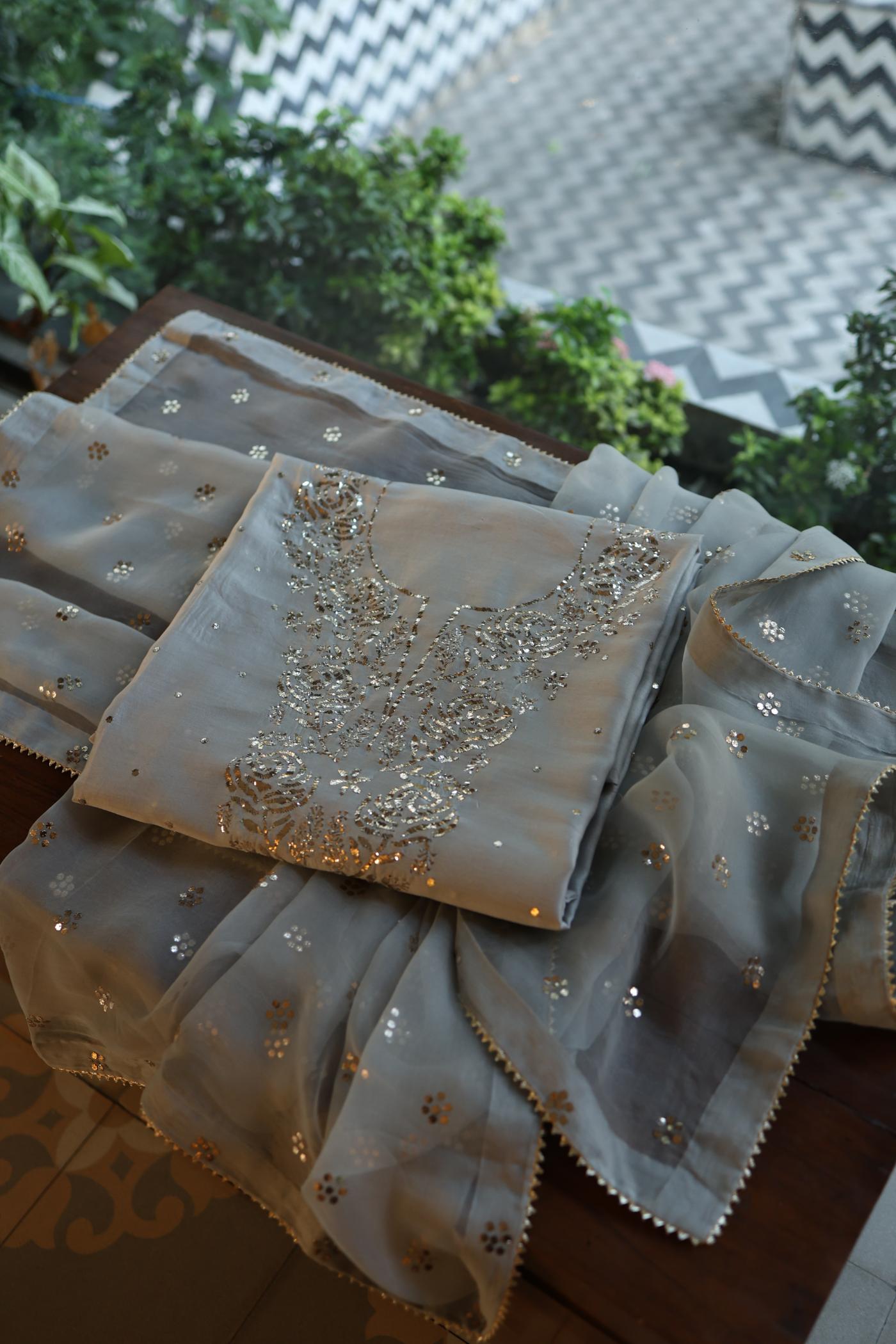 Natural Grey Chanderi Silk Mukaish Badla Unstitched Fabric