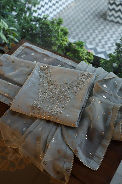 Natural Grey Chanderi Silk Mukaish Badla Unstitched Fabric