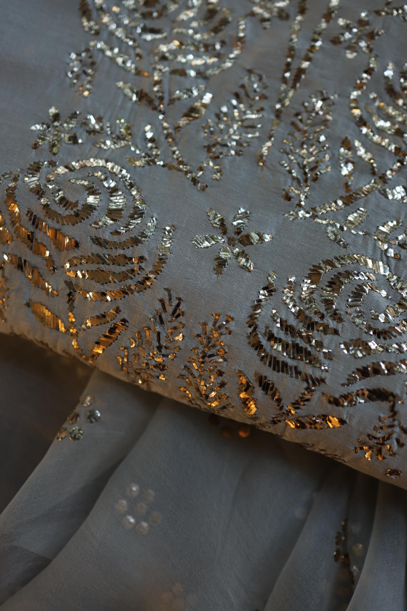 Natural Grey Chanderi Silk Mukaish Badla Unstitched Fabric