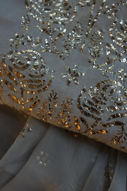 Natural Grey Chanderi Silk Mukaish Badla Unstitched Fabric