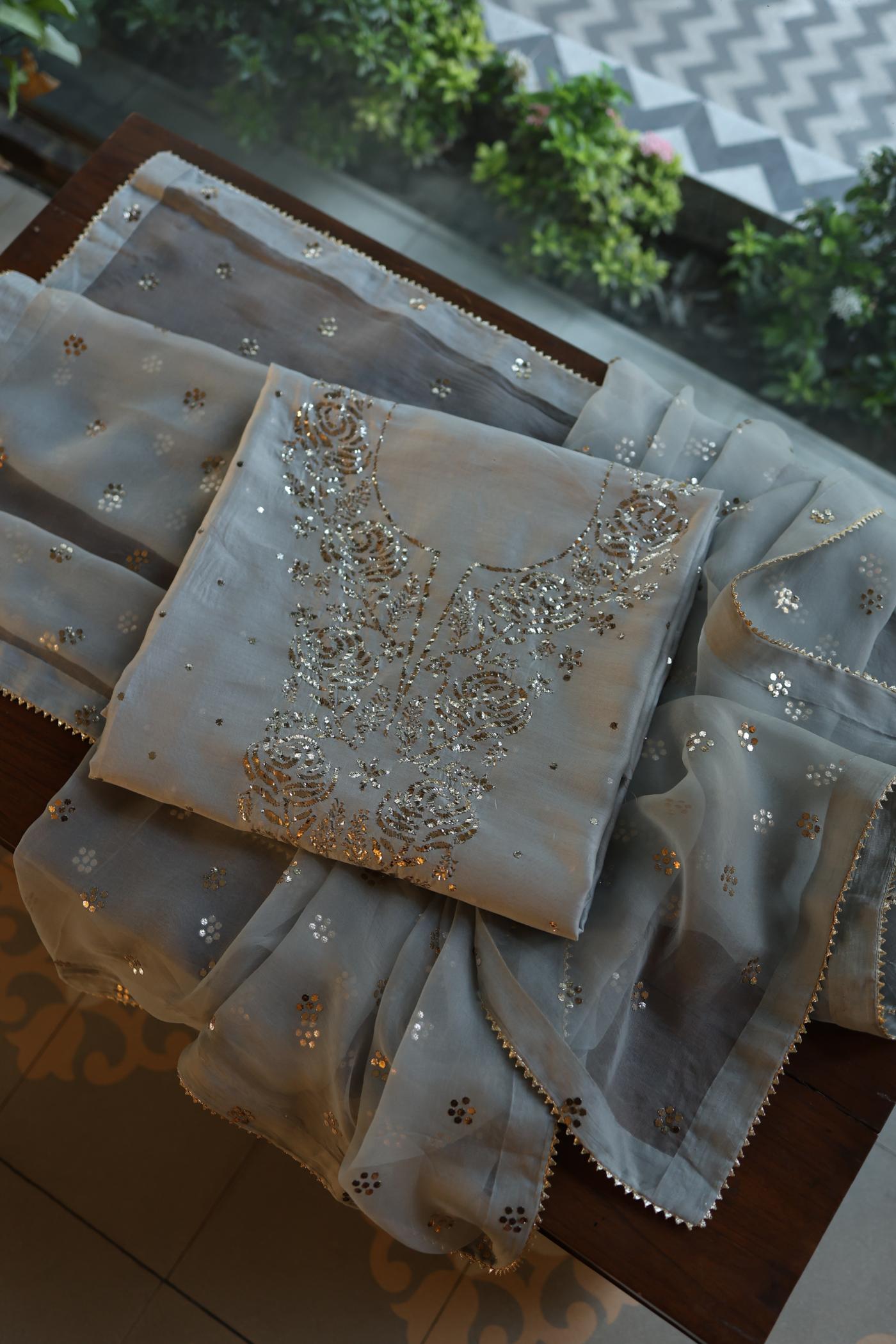 Natural Grey Chanderi Silk Mukaish Badla Unstitched Fabric