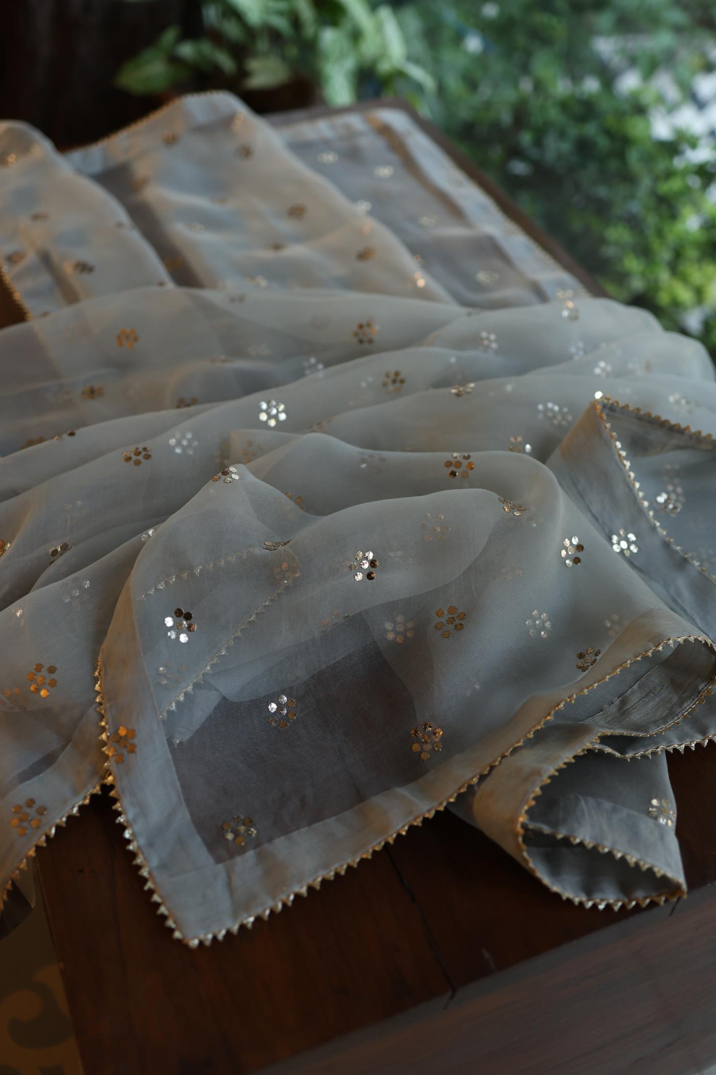 Natural Grey Chanderi Silk Mukaish Badla Unstitched Fabric