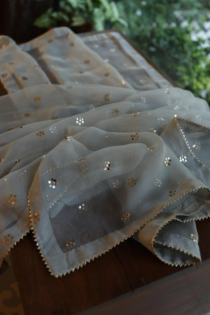 Natural Grey Chanderi Silk Mukaish Badla Unstitched Fabric