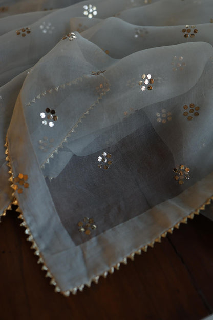 Natural Grey Chanderi Silk Mukaish Badla Unstitched Fabric