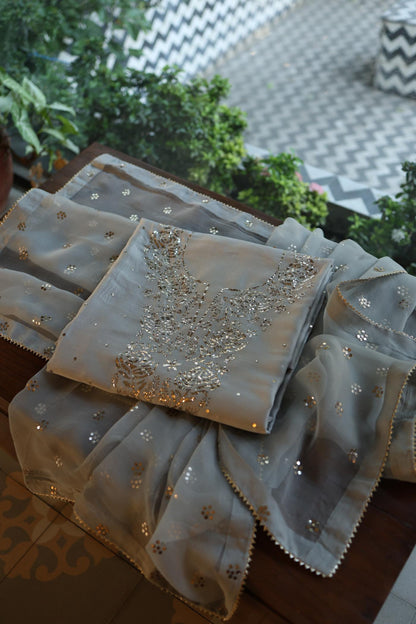 Natural Grey Chanderi Silk Mukaish Badla Unstitched Fabric