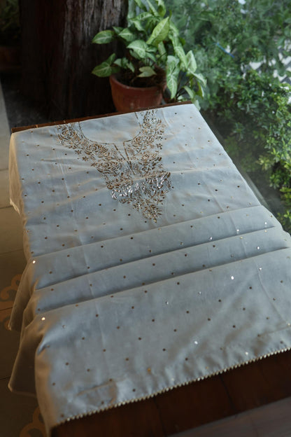 Natural Grey Chanderi Silk Mukaish Badla Unstitched Fabric