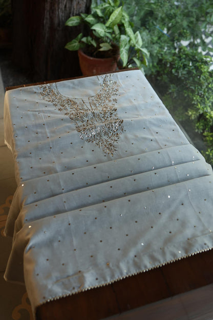 Natural Grey Chanderi Silk Mukaish Badla Unstitched Fabric