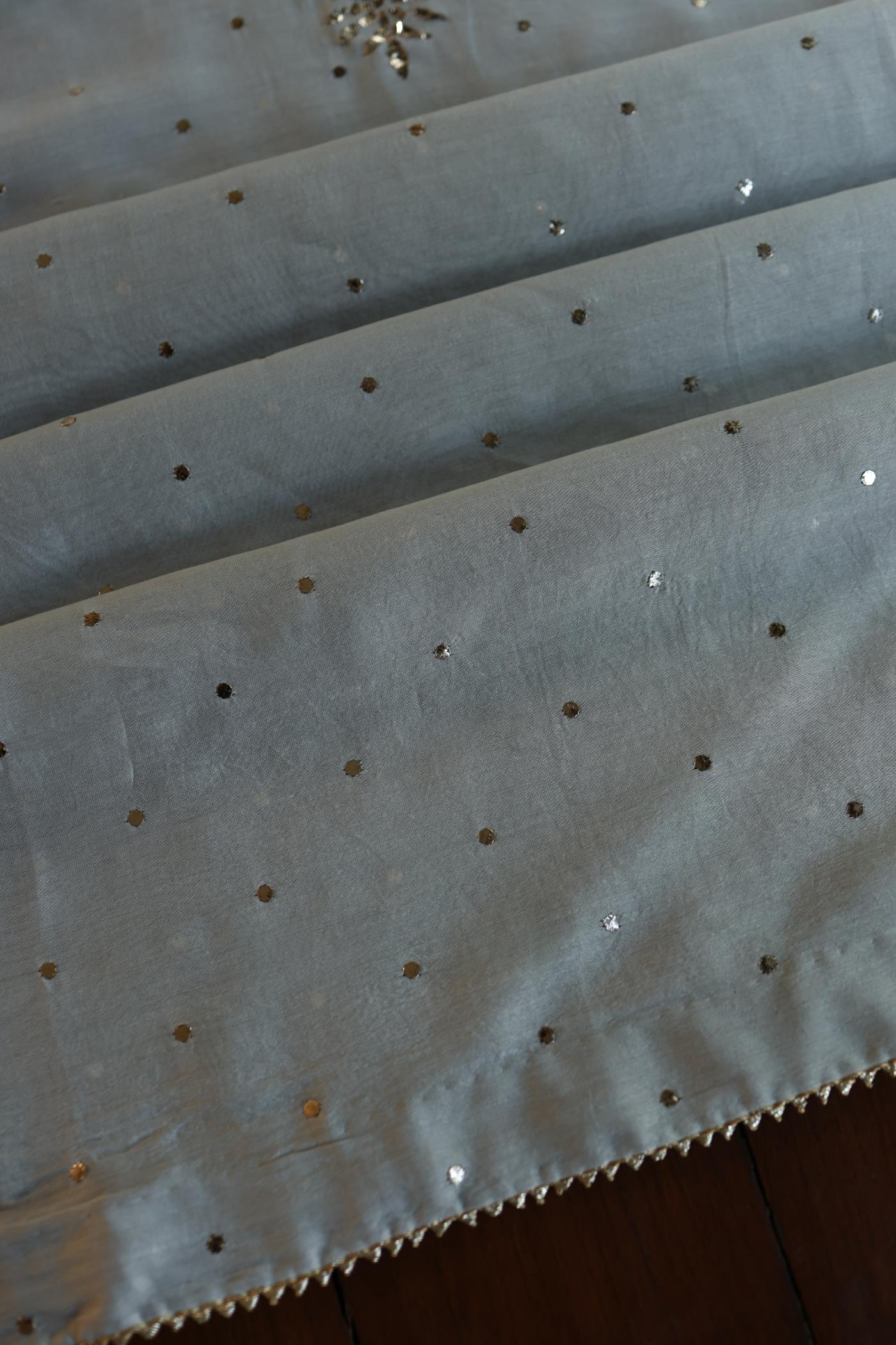 Natural Grey Chanderi Silk Mukaish Badla Unstitched Fabric