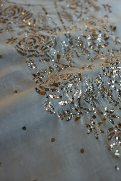 Natural Grey Chanderi Silk Mukaish Badla Unstitched Fabric