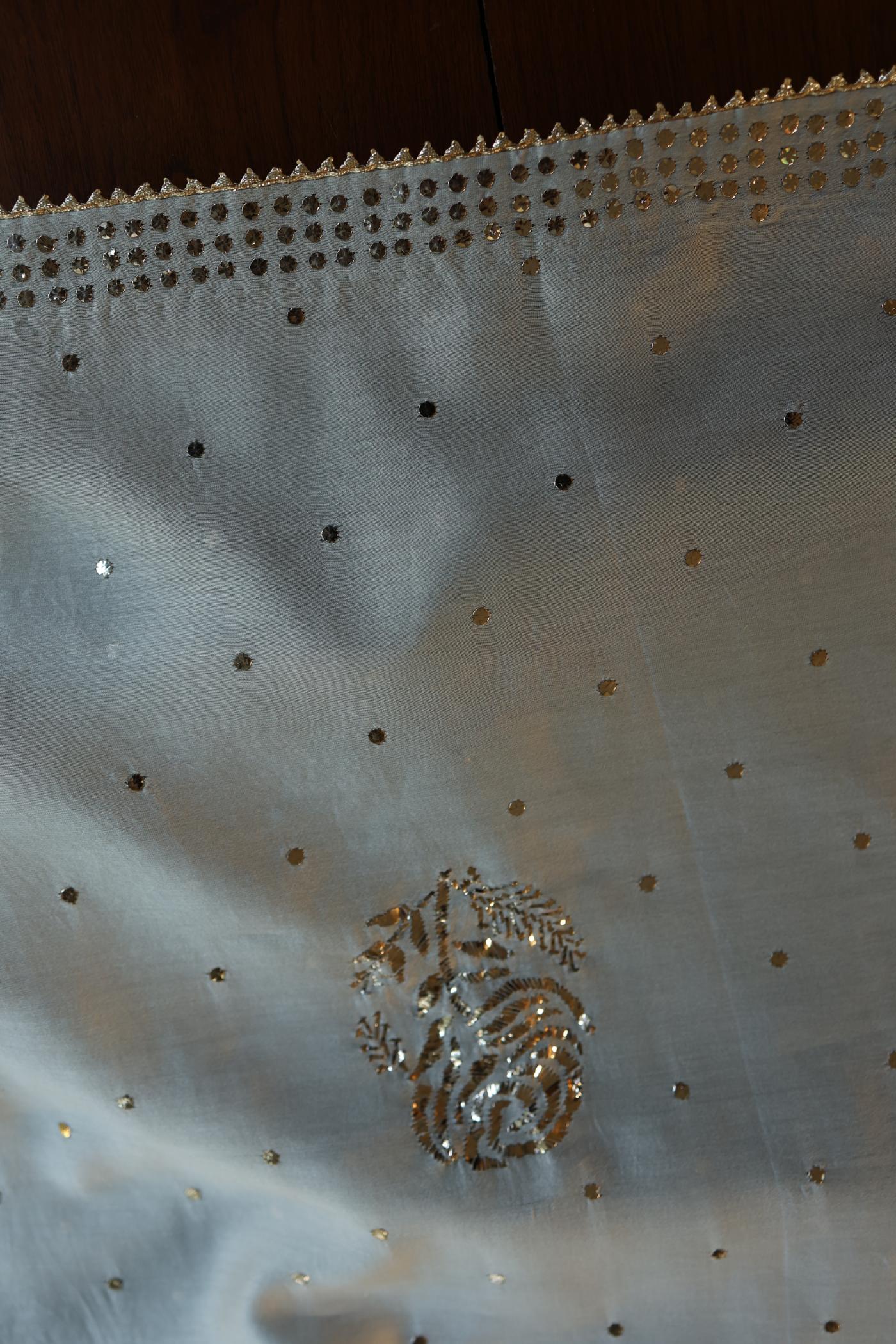 Natural Grey Chanderi Silk Mukaish Badla Unstitched Fabric
