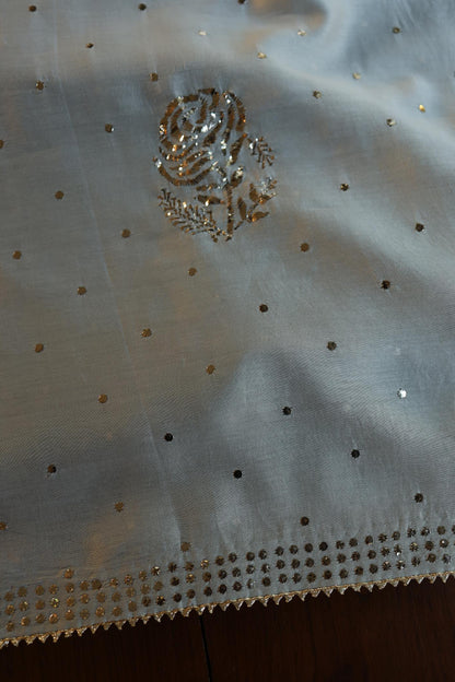 Natural Grey Chanderi Silk Mukaish Badla Unstitched Fabric