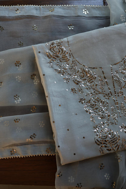 Natural Grey Chanderi Silk Mukaish Badla Unstitched Fabric