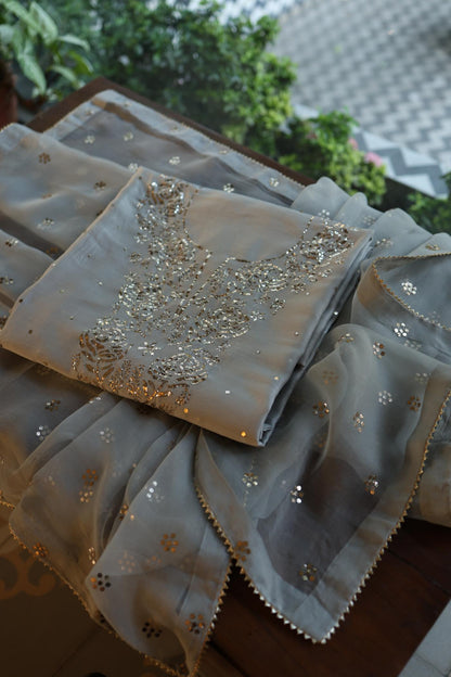 Natural Grey Chanderi Silk Mukaish Badla Unstitched Fabric