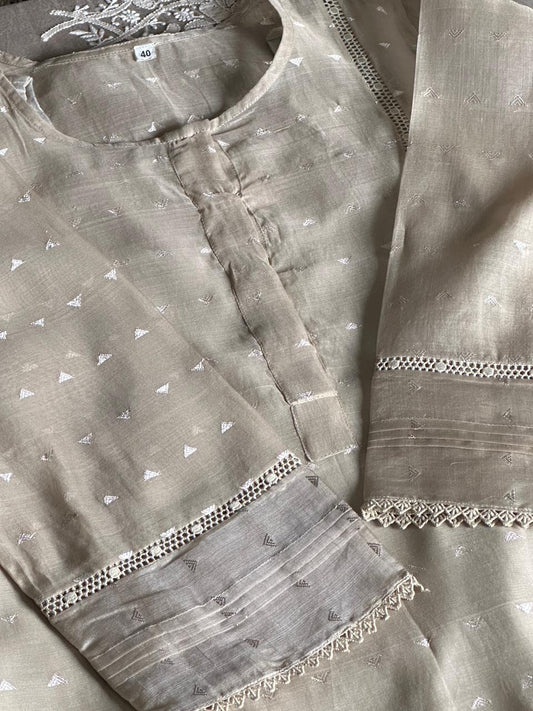 Natural Grey Shade Jamdani X Chikankari Ready To Wear Kurta Dupatta Set