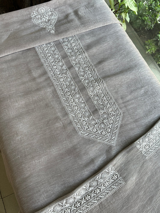 Natural Grey Linen Chikankari Unstitched Men's Kurtas Fabric