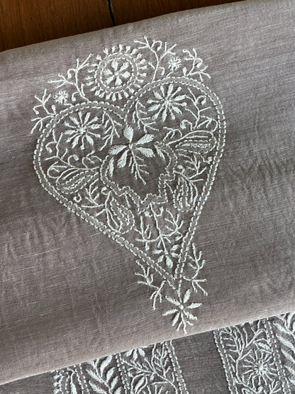 Natural Grey Linen Chikankari Unstitched Men's Kurtas Fabric