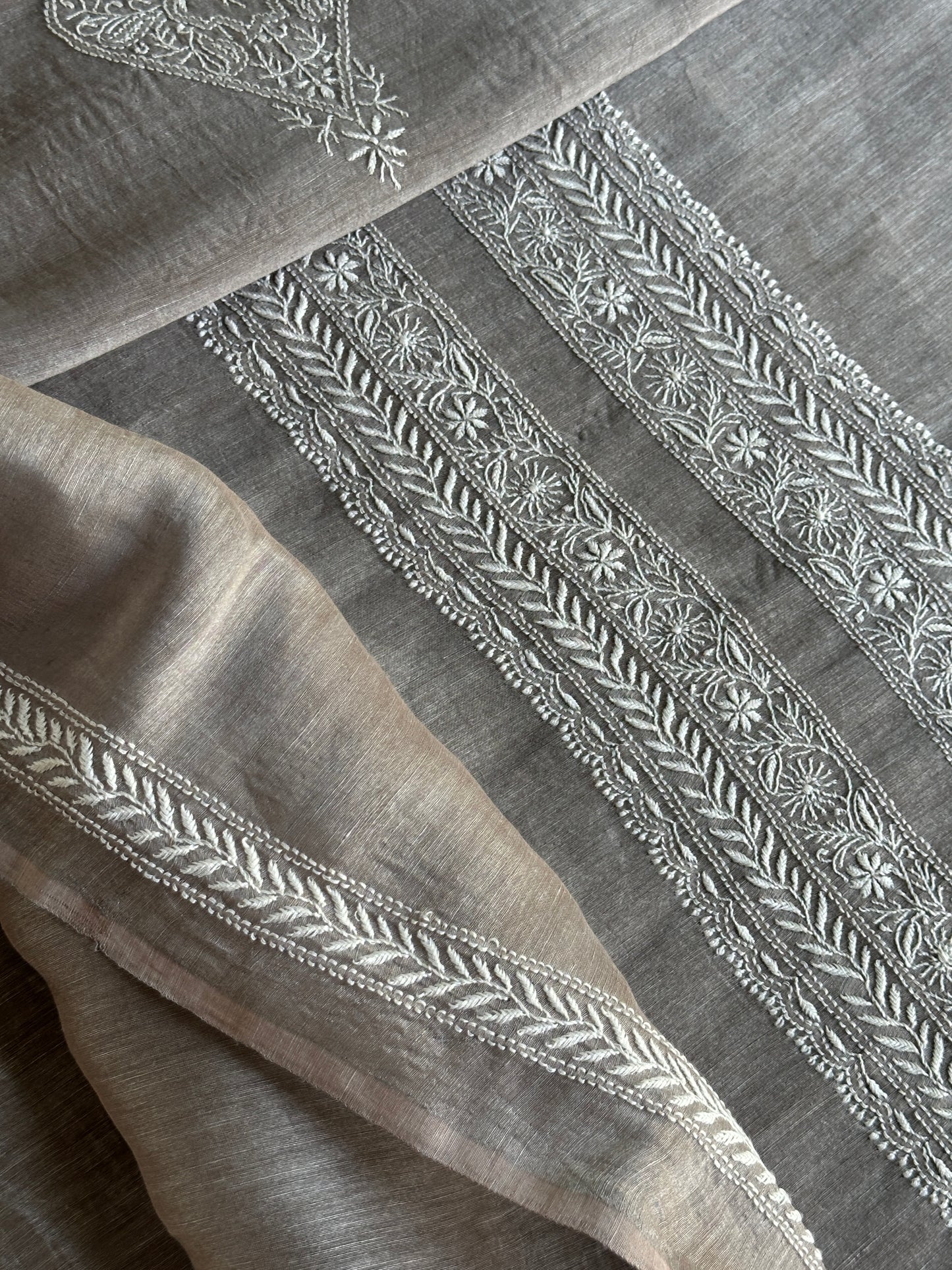 Natural Grey Linen Chikankari Unstitched Men's Kurtas Fabric