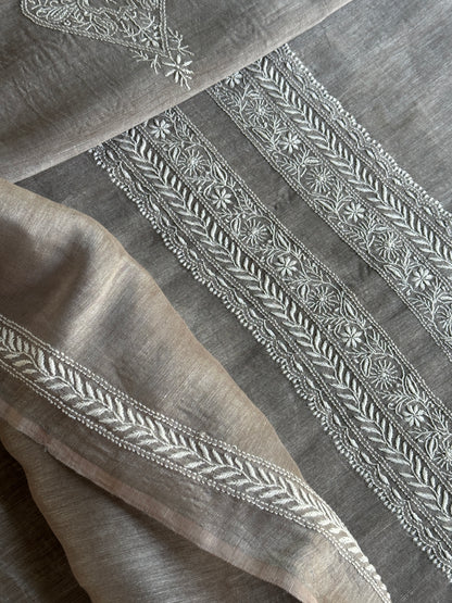 Natural Grey Linen Chikankari Unstitched Men's Kurtas Fabric