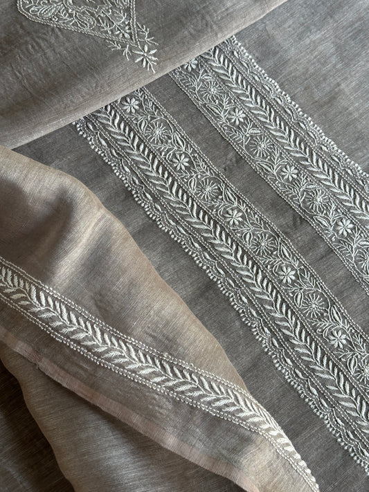 Natural Grey Linen Chikankari Unstitched Men's Kurtas Fabric
