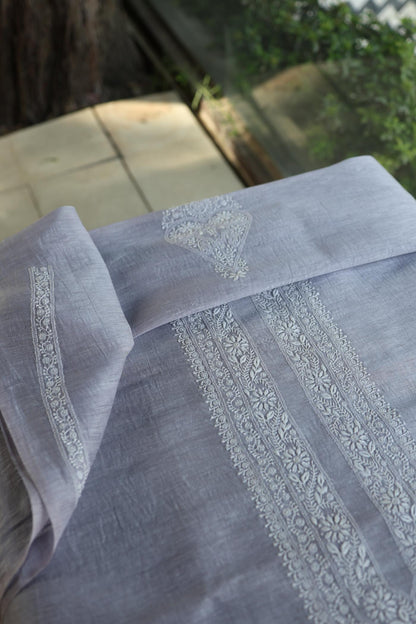 Natural Grey Linen Chikankari Unstitched Men's Kurtas Fabric