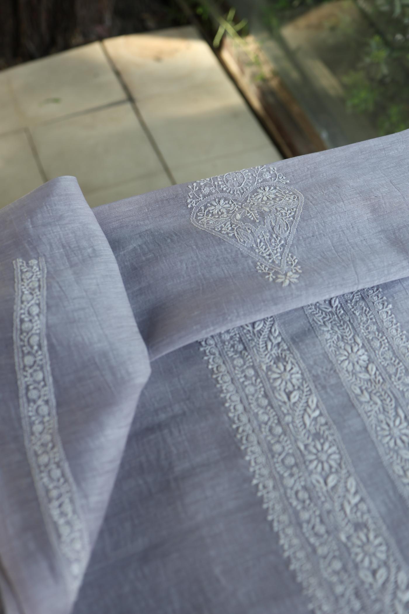 Natural Grey Linen Chikankari Unstitched Men's Kurtas Fabric