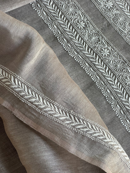 Natural Grey Linen Chikankari Unstitched Men's Kurtas Fabric