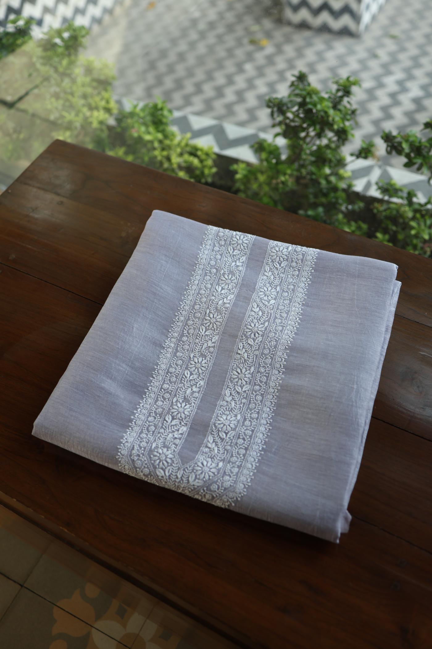 Natural Grey Linen Chikankari Unstitched Men's Kurtas Fabric
