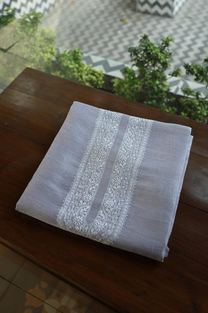 Natural Grey Linen Chikankari Unstitched Men's Kurtas Fabric