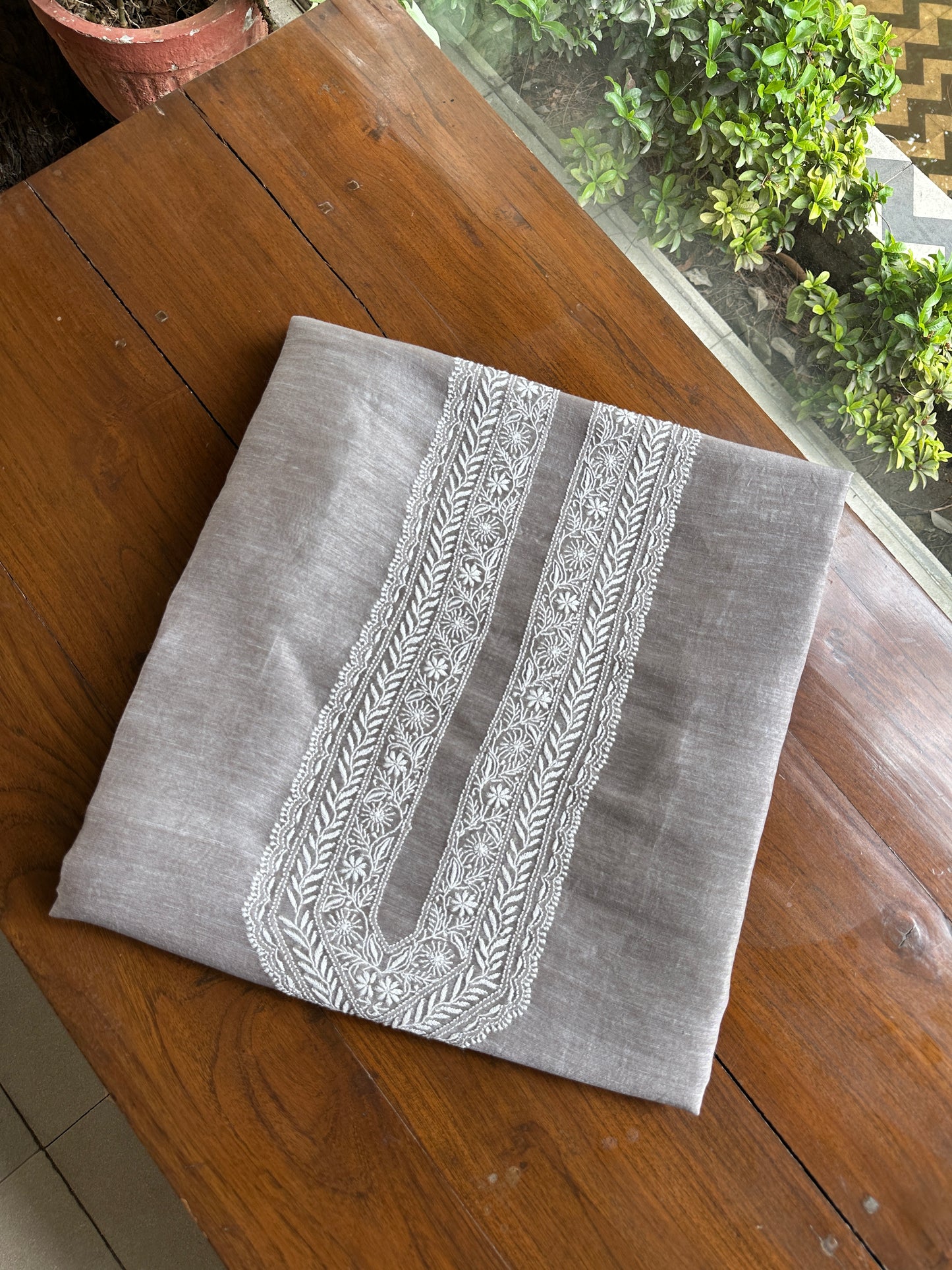 Natural Grey Linen Chikankari Unstitched Men's Kurtas Fabric