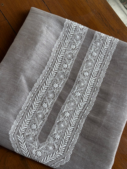 Natural Grey Linen Chikankari Unstitched Men's Kurtas Fabric