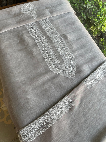 Natural Grey Linen Chikankari Unstitched Men's Kurtas Fabric