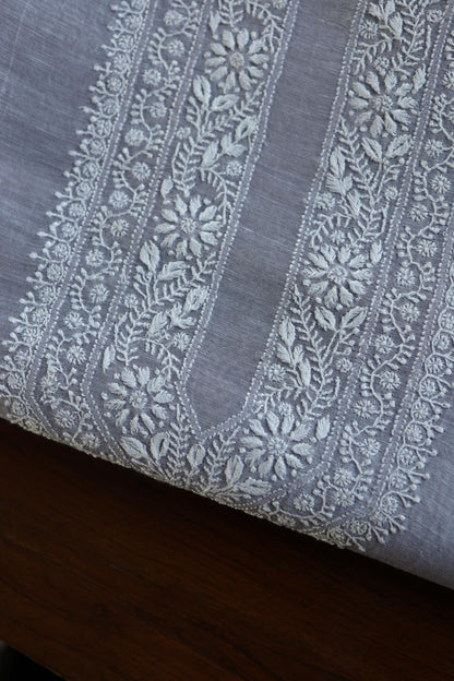 Natural Grey Linen Chikankari Unstitched Men's Kurtas Fabric