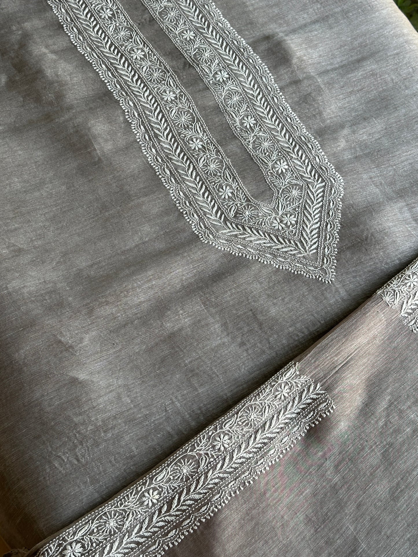 Natural Grey Linen Chikankari Unstitched Men's Kurtas Fabric