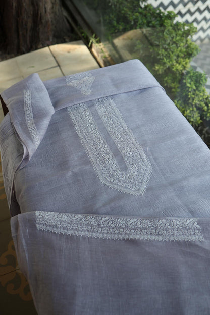 Natural Grey Linen Chikankari Unstitched Men's Kurtas Fabric