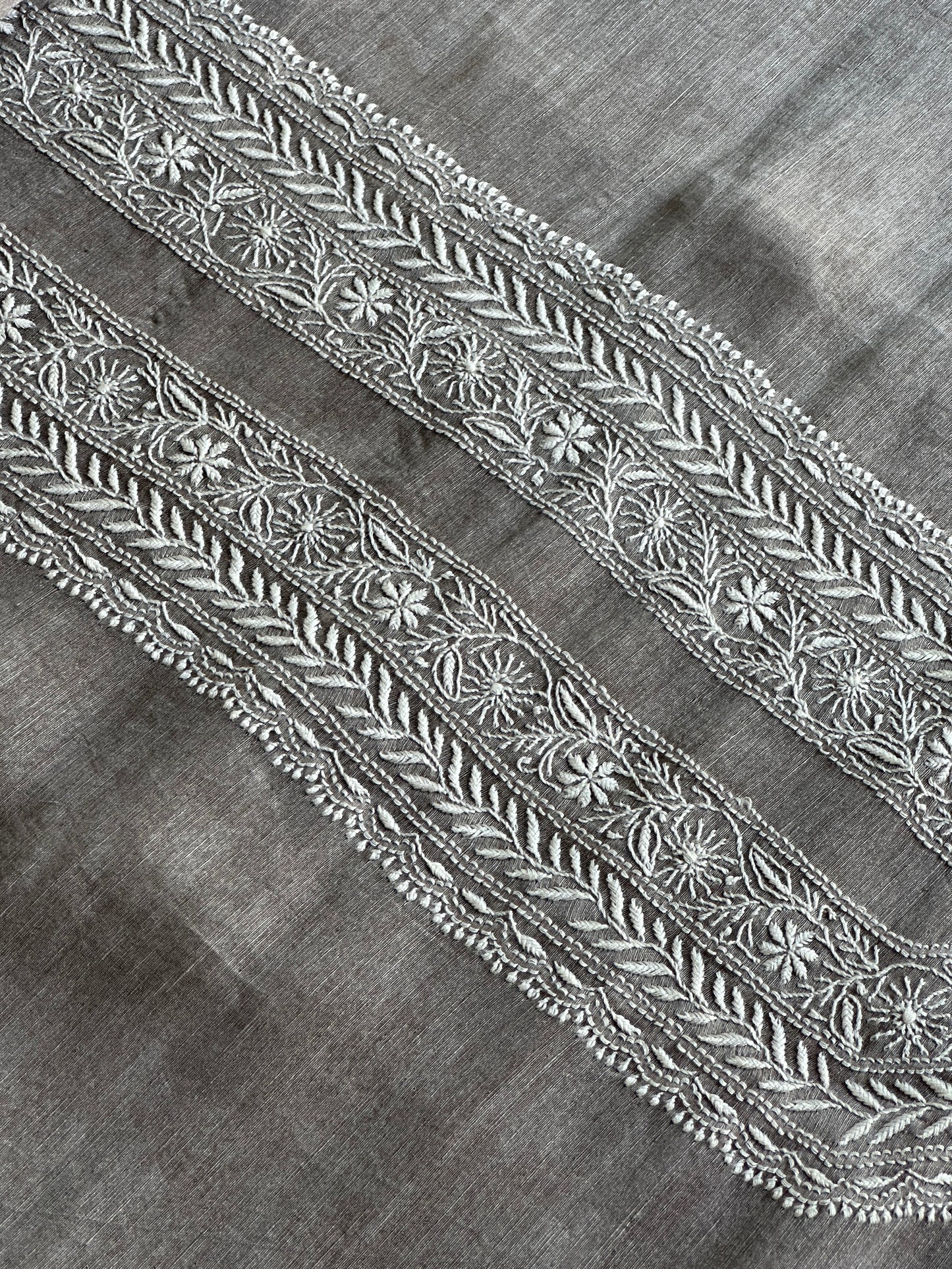 Natural Grey Linen Chikankari Unstitched Men's Kurtas Fabric