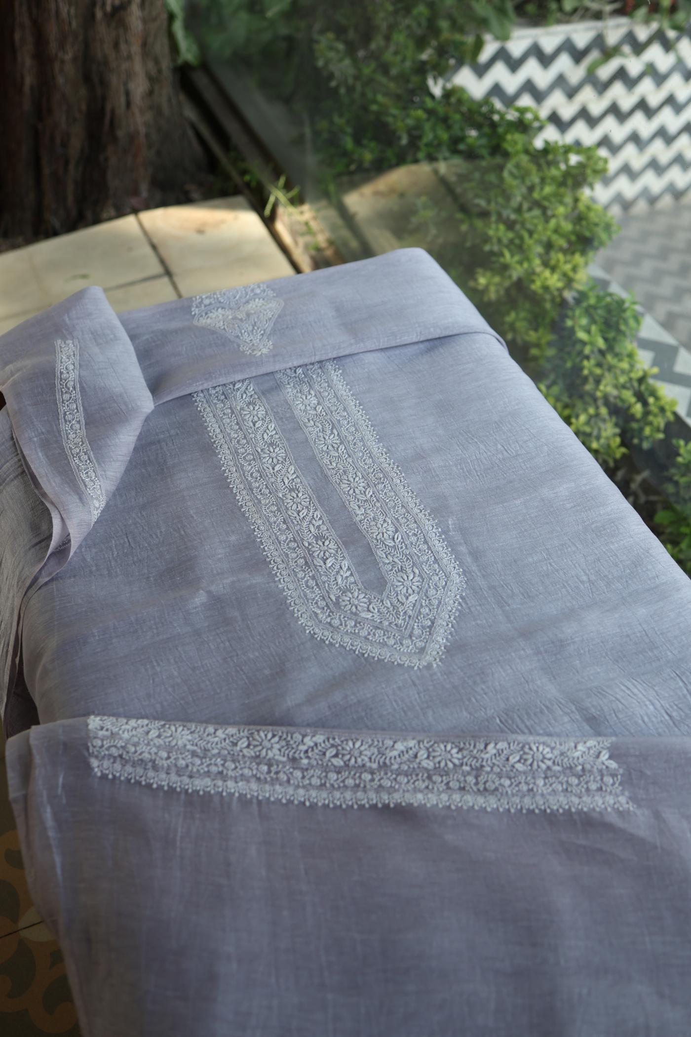 Natural Grey Linen Chikankari Unstitched Men's Kurtas Fabric