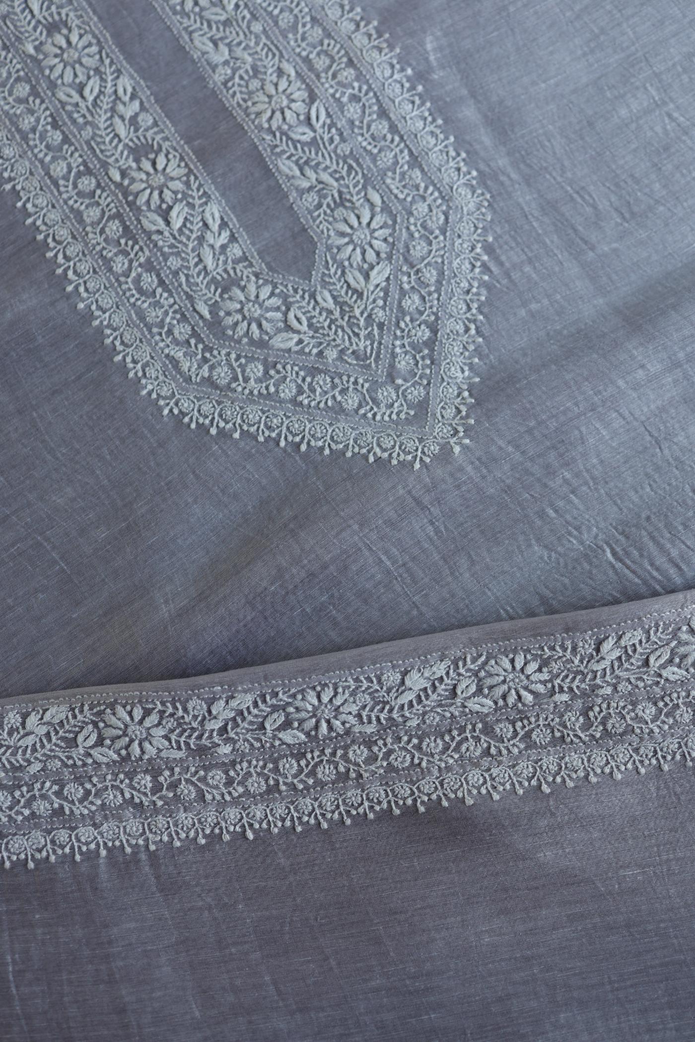 Natural Grey Linen Chikankari Unstitched Men's Kurtas Fabric