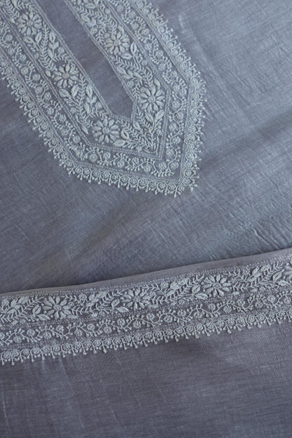 Natural Grey Linen Chikankari Unstitched Men's Kurtas Fabric