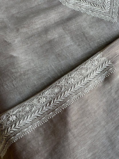 Natural Grey Linen Chikankari Unstitched Men's Kurtas Fabric