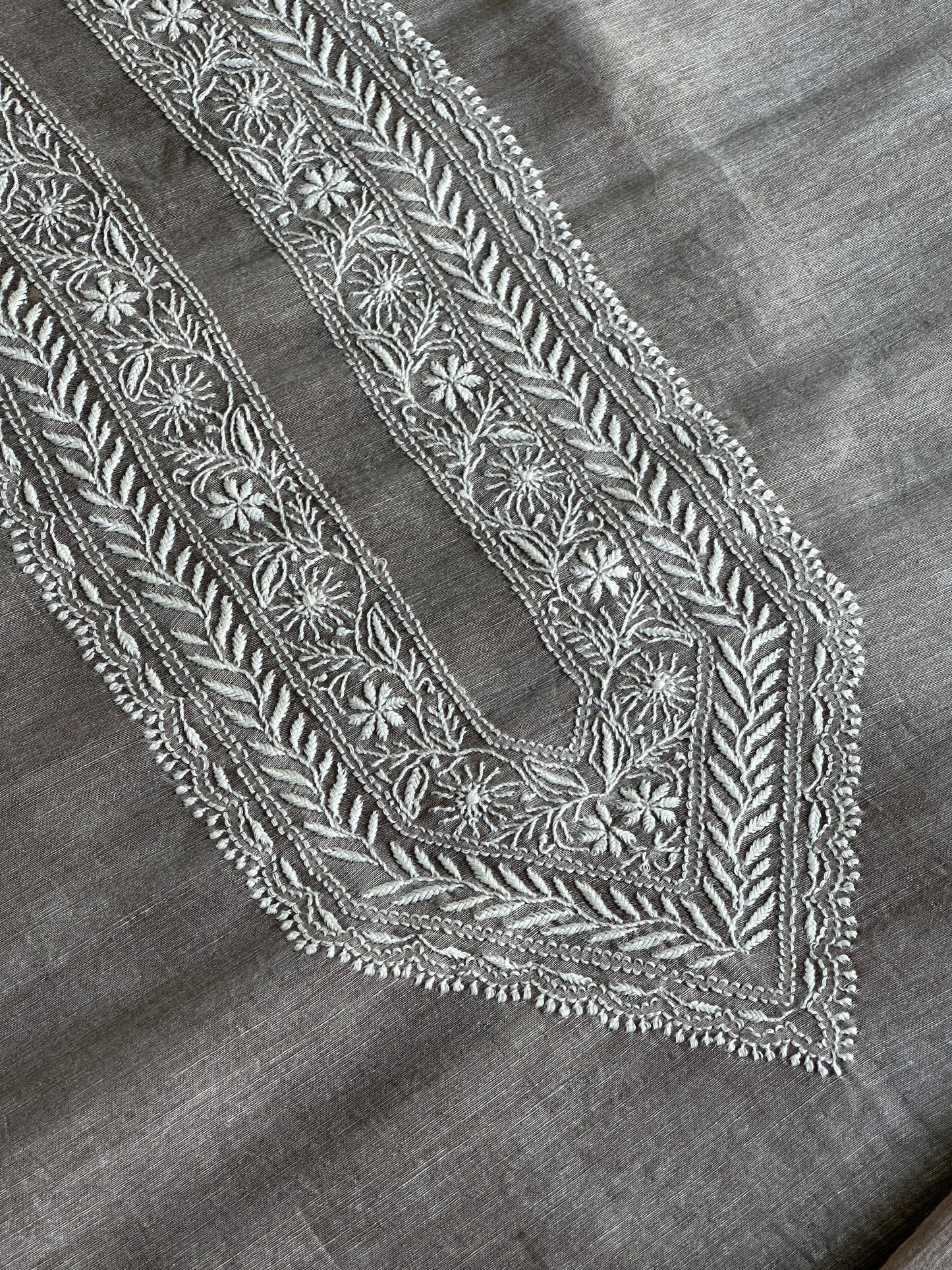 Natural Grey Linen Chikankari Unstitched Men's Kurtas Fabric