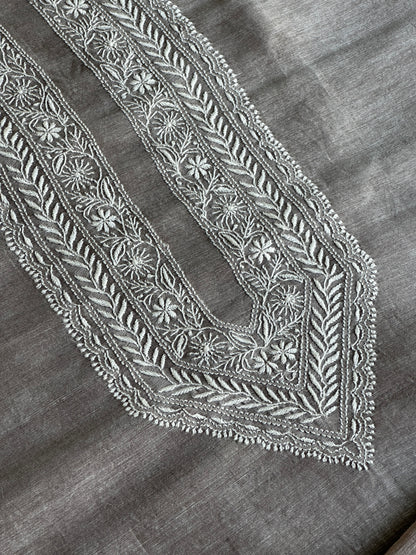 Natural Grey Linen Chikankari Unstitched Men's Kurtas Fabric