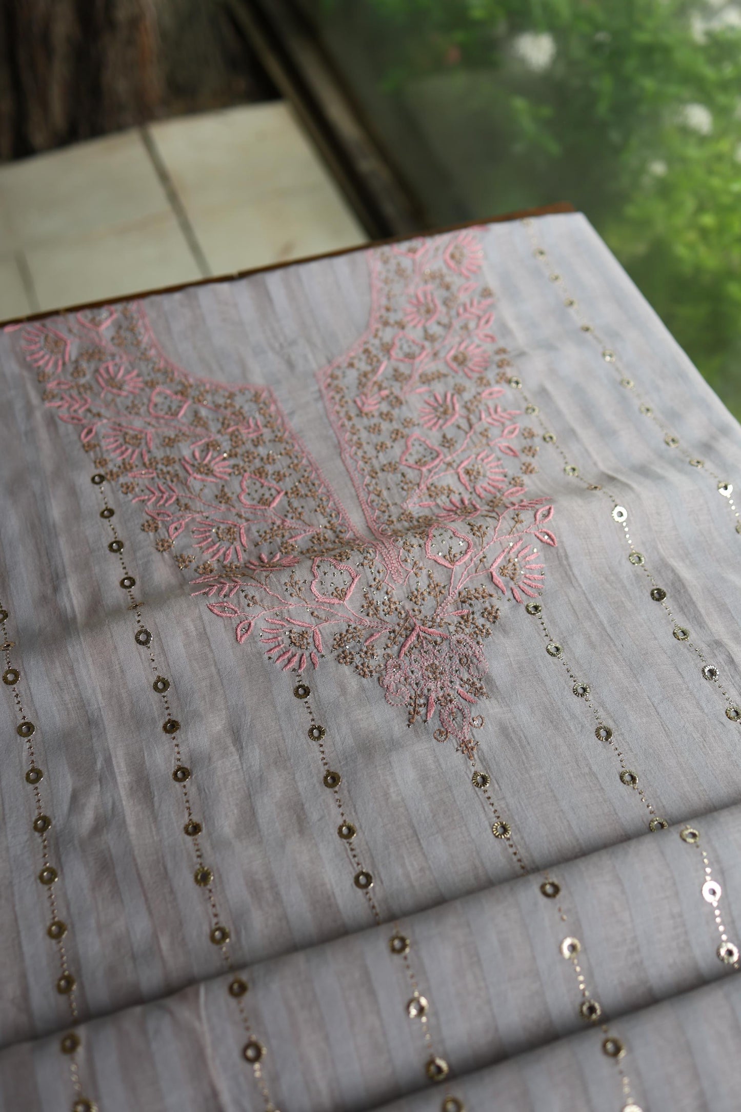 Natural Grey Mal Chanderi Chikankari With Mukaish Ring Line Unstitched Fabric