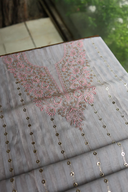 Natural Grey Mal Chanderi Chikankari With Mukaish Ring Line Unstitched Fabric
