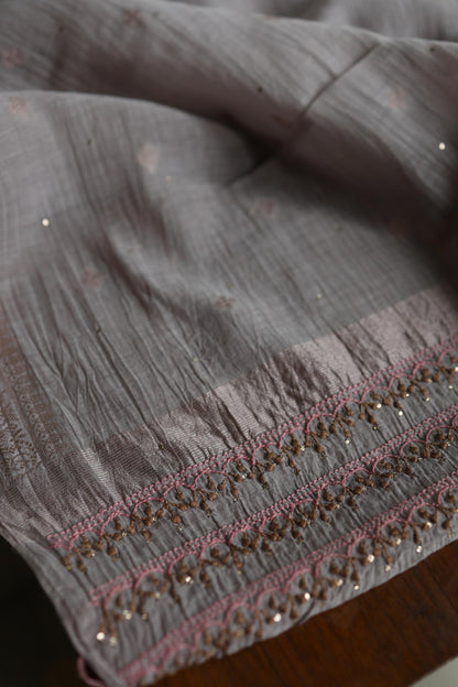 Natural Grey Mal Chanderi Chikankari With Mukaish Ring Line Unstitched Fabric