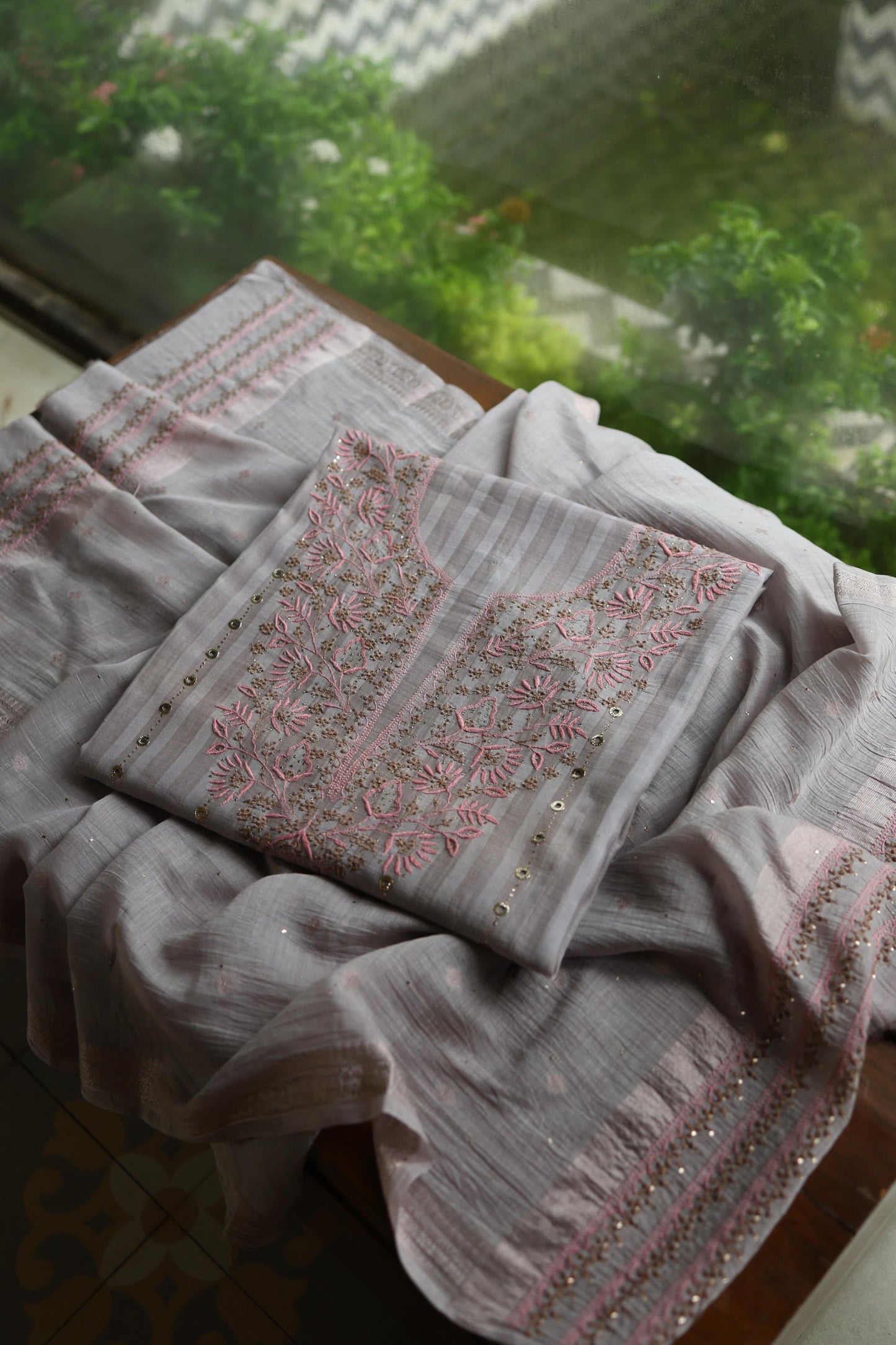 Natural Grey Mal Chanderi Chikankari With Mukaish Ring Line Unstitched Fabric